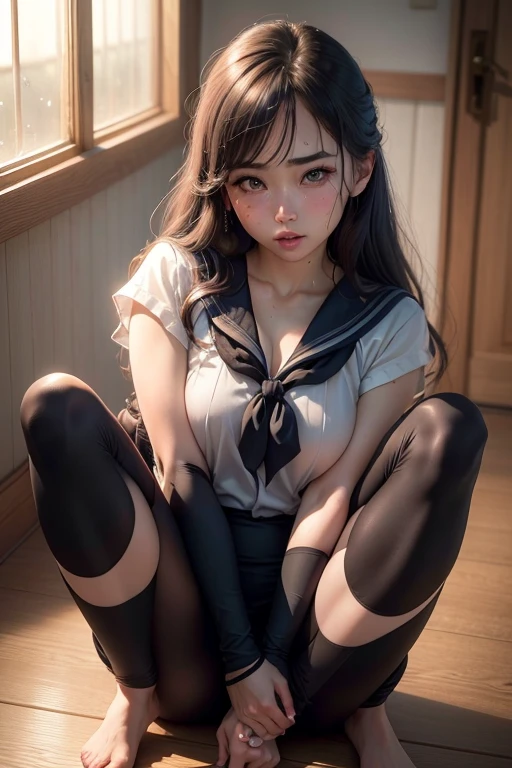 Sensual woman、Beautiful and detailed eyes、beautiful and dense lips、High definition face、Long eyelashes、Elegant appearance、Cinematic composition、Photorealistic、(Highest quality)、4K、8K、High resolution、Masterpiece:1.2)、Super fine、(Real、Photorealistic、Photorealistic:1.37)、Black Pants、sitting、Sensual pose、Bold Pose、The skin is damp、Sweaty、

masochist、blush、Embarrassing、Ecstatic expression、Spread your legs wide、Sweating on the inside of your thighs、Facial expression becomes distorted、Tears flow、Wrists tied、Leaning Back Sailor Suit Afternoon４Natural light of time