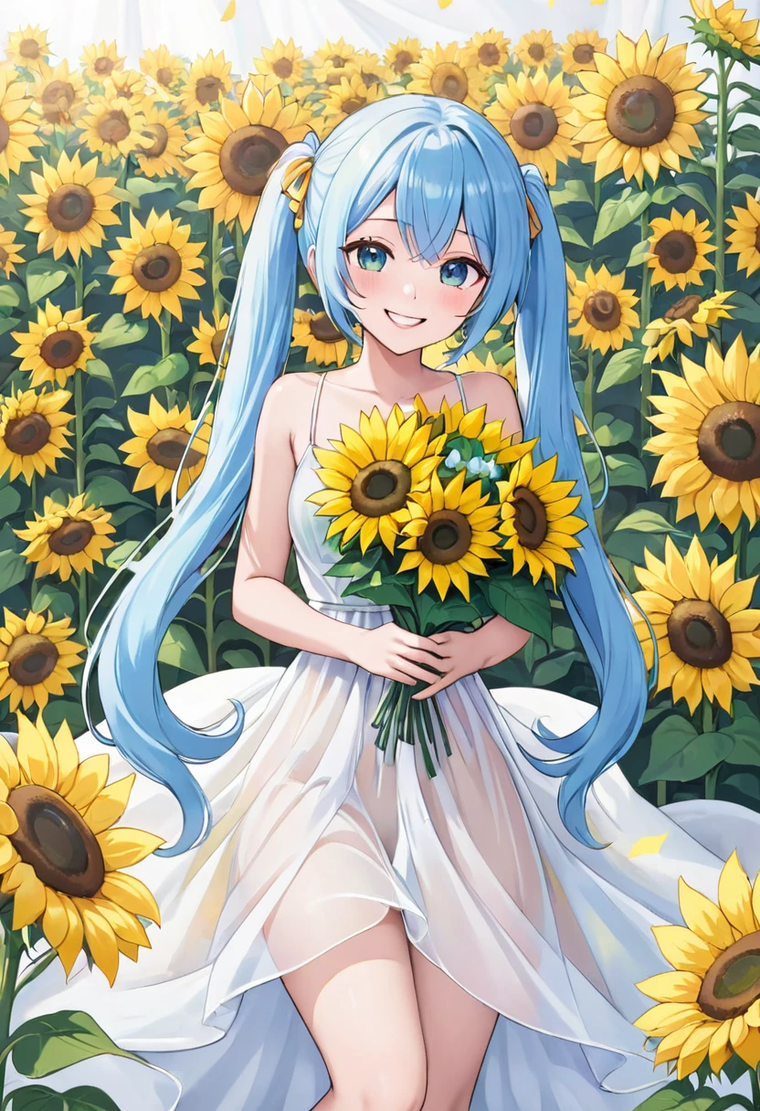 Light blue long hair、Beautiful girl with twin tails、Adorable smile、looking at the camera、Wearing a sheer dress、Covered with a transparent white cloth、Have a bouquet of sunflowers、Laughing happily、Surrounded by flowers