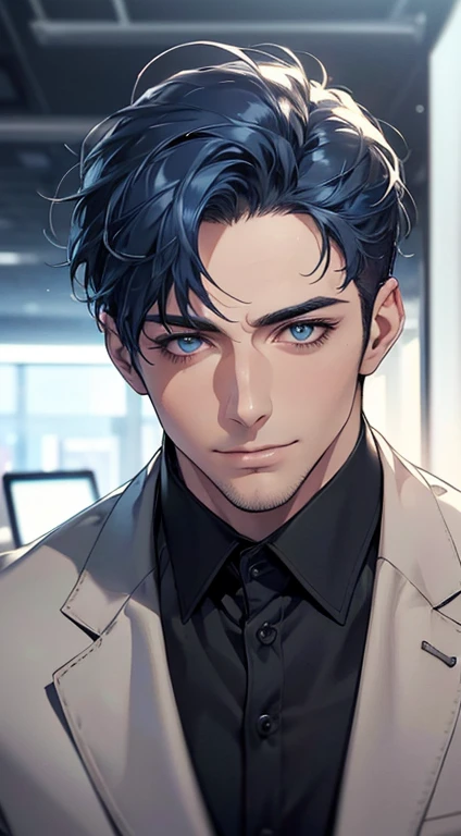 (best quality,4k,8k,highres,masterpiece:1.2),ultra-detailed,(realistic,photorealistic,photo-realistic:1.37),1 man,31 years old,mature man,very handsome,without expression,smile,short blue hair,blue eyes,penetrating gaze,perfect face without errors,imposing posture,businessman,office background,cinematic lighting,hdr image