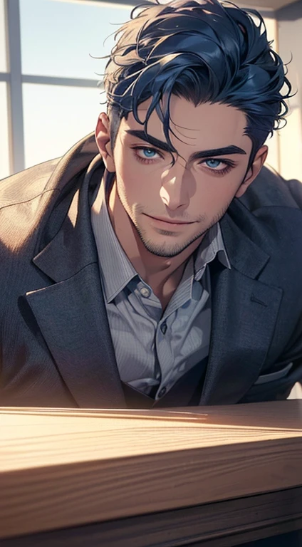 (best quality,4k,8k,highres,masterpiece:1.2),ultra-detailed,(realistic,photorealistic,photo-realistic:1.37),1 man,31 years old,mature man,very handsome,without expression,smile,short blue hair,blue eyes,penetrating gaze,perfect face without errors,imposing posture,businessman,office background,cinematic lighting,hdr image