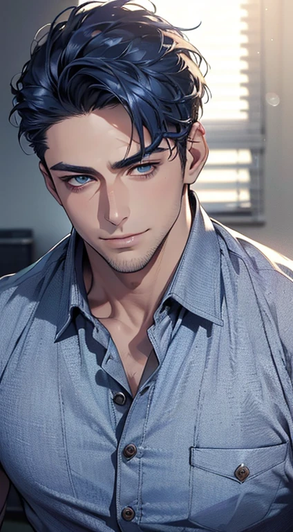 (best quality,4k,8k,highres,masterpiece:1.2),ultra-detailed,(realistic,photorealistic,photo-realistic:1.37),1 man,31 years old,mature man,very handsome,without expression,smile,short blue hair,blue eyes,penetrating gaze,perfect face without errors,imposing posture,businessman,office background,cinematic lighting,hdr image