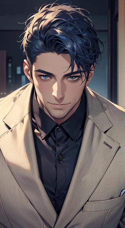 (best quality,4k,8k,highres,masterpiece:1.2),ultra-detailed,(realistic,photorealistic,photo-realistic:1.37),1 man,31 years old,mature man,very handsome,without expression,smile,short blue hair,blue eyes,penetrating gaze,perfect face without errors,imposing posture,businessman,office background,cinematic lighting,hdr image