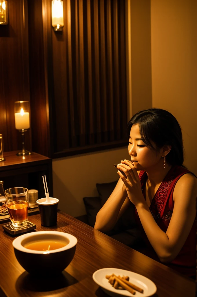 Po sits and smokes an electronic cigarette in the bedroom. Feeling relaxed, my close friend, Phone, came to me and invited me to drink ginger liquor at the restaurant.