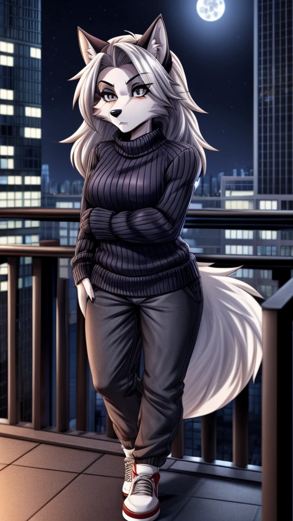 Loona from Helluva Boss, female wolf, anthro, fluffy cozy short white hair, grey eyes, mature adult, red long sleeve sweater, pants, shoes, serious, city at night, at a balcony, detailed, solo, beautiful, high quality, manhwa style, 4K