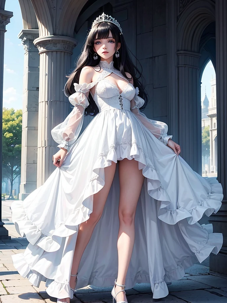 A beautiful young princess with black hair and blue eyes., she is wearing her beautiful long white dress