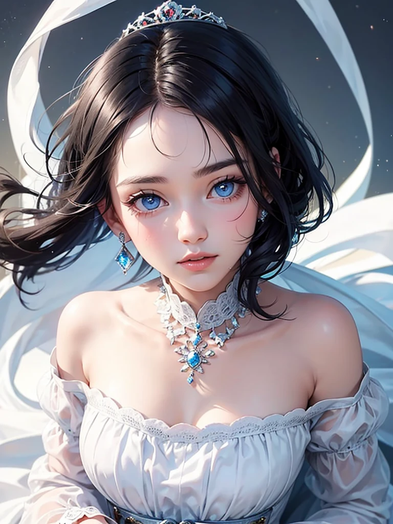 A beautiful young princess with black hair and blue eyes., she is wearing her beautiful long white dress