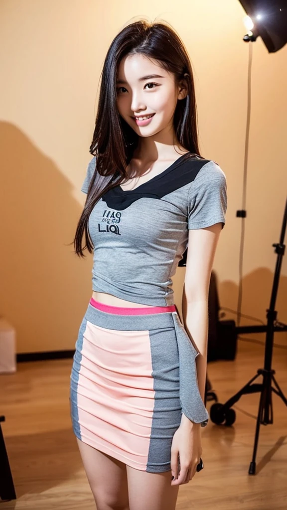 (Highest quality:1.5), (Real:1.4), (Ultra high definition:1.4), (No correction:1.4), (Skinny 18 year old girl), (Plain background), (1 Japanese very thin girl with flat chest in eighteen years old), (very thin body), skinny face, (Beautiful skin), (T-Shirts), (flare skirt), (girl is wearing T-shirt and flare skirt), (very thin girl is standing front plain back ground), (18yo very thin girl is standing front plain back ground in studio), (front view of a flat chest girl), Photo studio, (Upper Body), (smile), (Turn your body forward), (Flat Chest), (flat chest), (Very thin), (very thin)