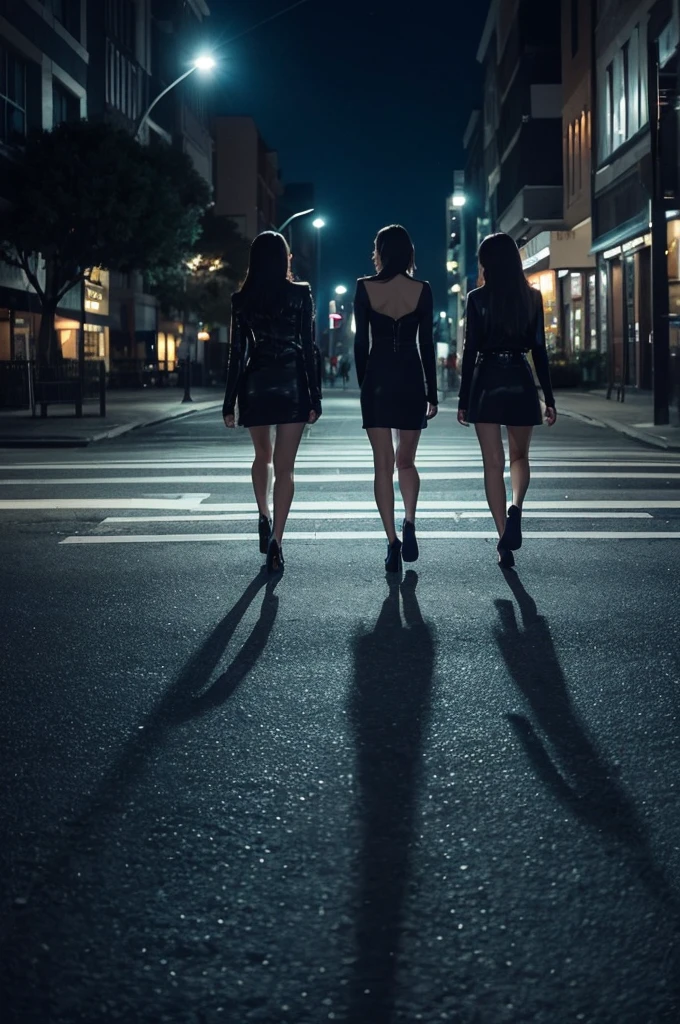 Three pretty, beautiful women in sexy black clothing are walking backwards, disappearing into a night cityscape. The scene is melancholic and introspective, with long shots and fade-outs creating a sense of closure. The background is a starry and moonlit cityscape at night.