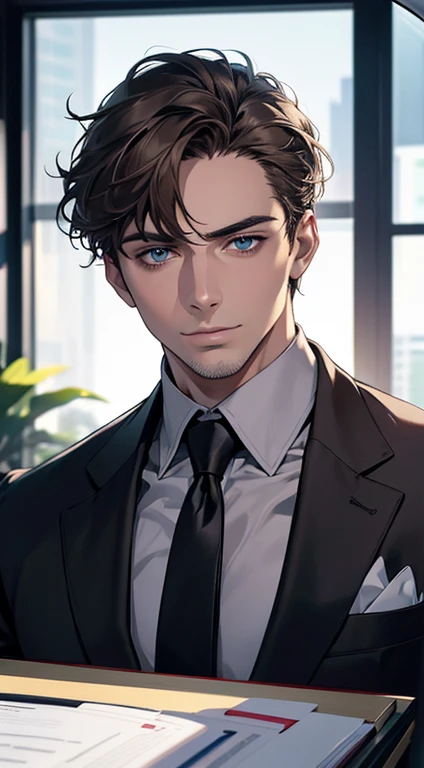(best quality,4k,8k,highres,masterpiece:1.2),ultra-detailed,(realistic,photorealistic,photo-realistic:1.37),1 man,31 years old,mature man,very handsome,without expression,smile,short grey brown hair,blue eyes,penetrating gaze,perfect face without errors,imposing posture,businessman,office background,cinematic lighting,hdr image