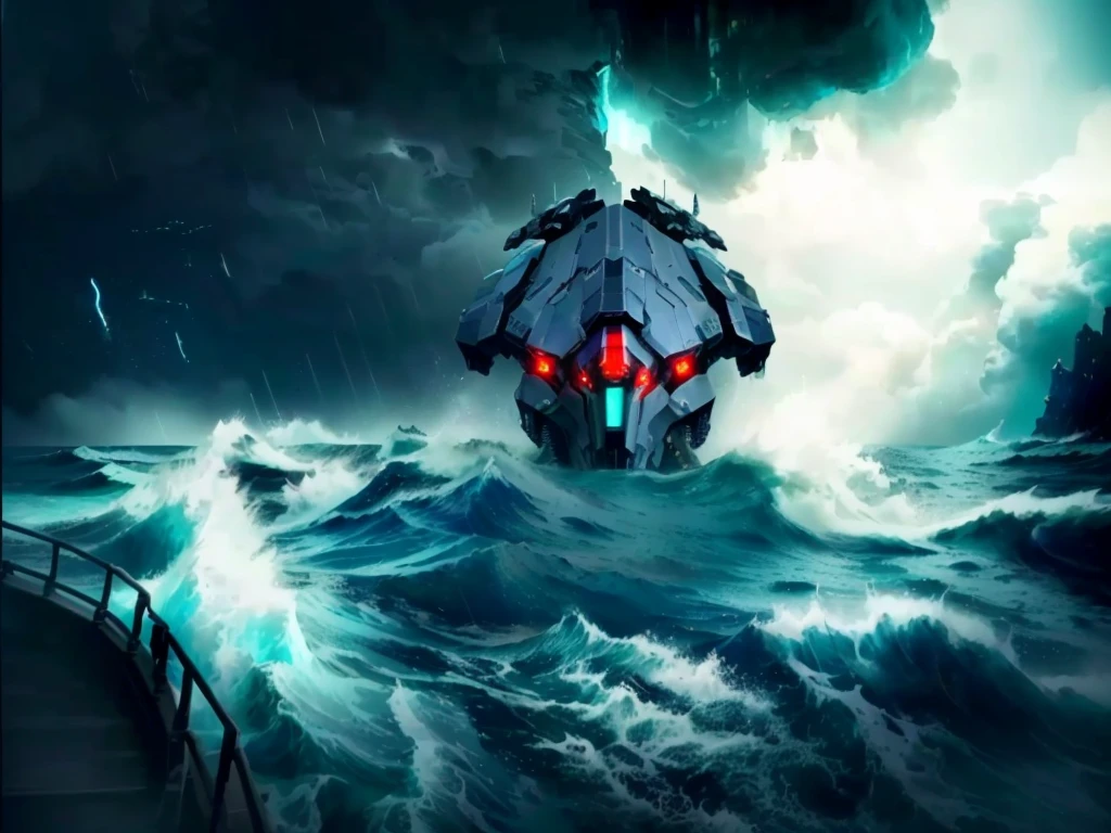 there is a large boat in the middle of a stormy ocean, from pacific rim, a ship lost in a storm, dread scary spaceship, broken ruin pacific rim jaeger, spaceship sank, cherenkov radiation, pacific rim jaeger, fan art, concept artwork, scylla and charybdis, stylised storm, alien ship wreck