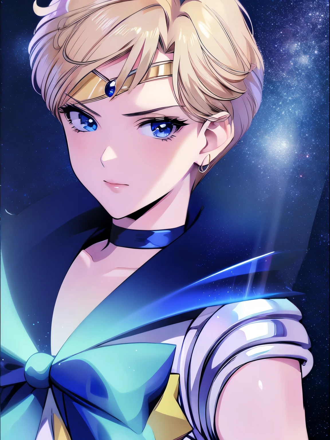 sailor uranus, 1 girl, blonde hair, short hair, blue eyes, detailed eyes, simple background, female focus, alone, Standing, Haruka Teno, portrait, full body, (Masterpiece:1.0), (best quality:1.0) , (wallpaper 8k:1.0), (detailed beautiful face:1.0), (detailed deep eyes), deep eyes, looking at viewer, sailor scout, yellow bow on chest, blue skirt, white gloves,