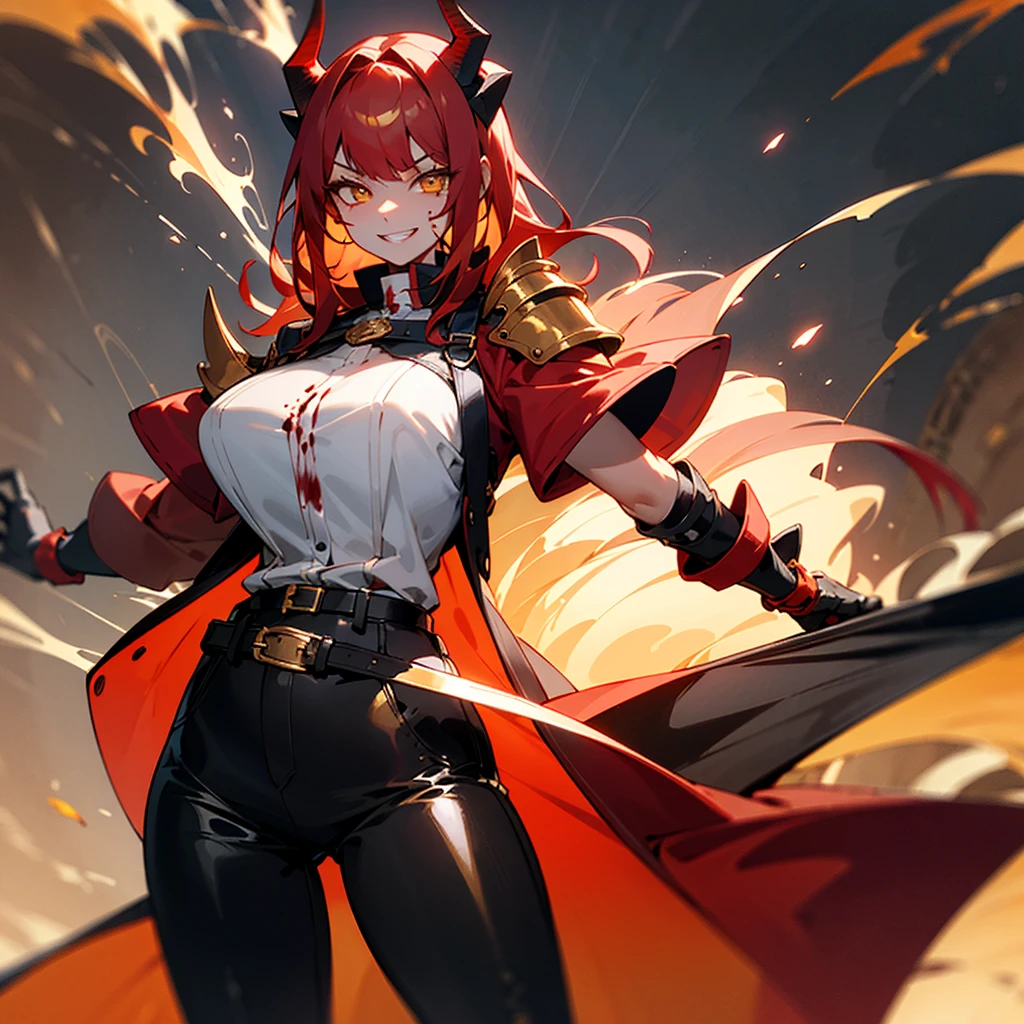 young Korean woman, golden eyes, red hair, black horns, tanned bronze skin, huge chest, predatory grin, smile, stained with blood, dressed in a red coat with rolled up sleeves, heavy steel gold armor, wide leather belt, black leather pants with steel hips shields, steel plate gloves, stands at dusk against the backdrop of a burning kingdom,