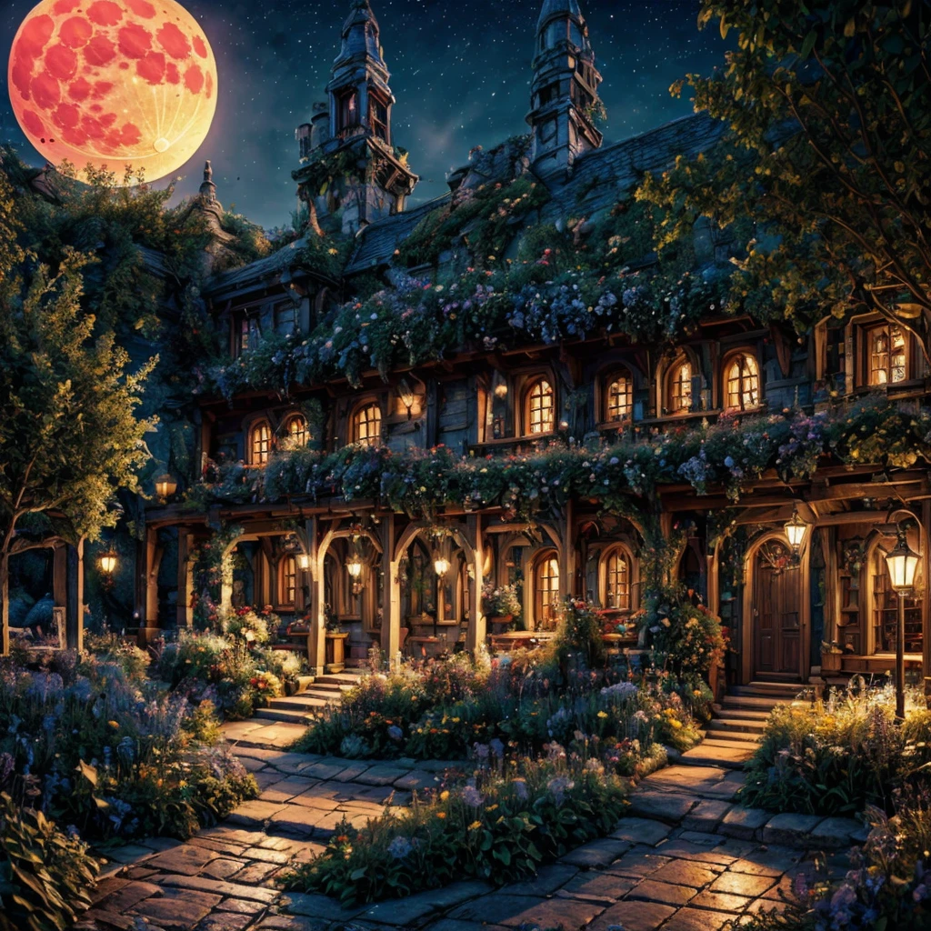 paint (strokes)+, atmosphere, nature scenery, aspect ratio 1:1, raytracing, Bokeh, smooth, (colorful), (detailed complex busy background: 0.8), fantasy flowers, (night:1.4), intricate details, beautiful glitters, flat illustration, detail, (ultra-detailed), photon mapping, ((intricate details)), (big blue moon)