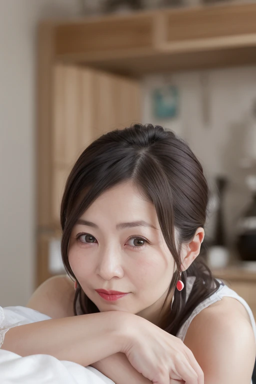 8K, Mature elegant Japanese woman, 55 years old, Married women, Delicate features, Long eyelashes, Sparkling eyes, Low Ponytail, Red lipstick, Rosy Cheeks, eye shadow, Attractive lips, Feel the warmth and elegance, There are fine wrinkles, Mystical Eyes, Expressive eyes, Beautiful Skin, Looking for a man, Condescending attitude, See-through leotard, Beautiful hair ornaments, Pale pink cheeks, Soft Light, kitchen, High quality photos, Vibrant colors, Bokeh effect, Delicate depiction, whole body, Lying in bed, Pose with one leg raised, sexy, Sweat