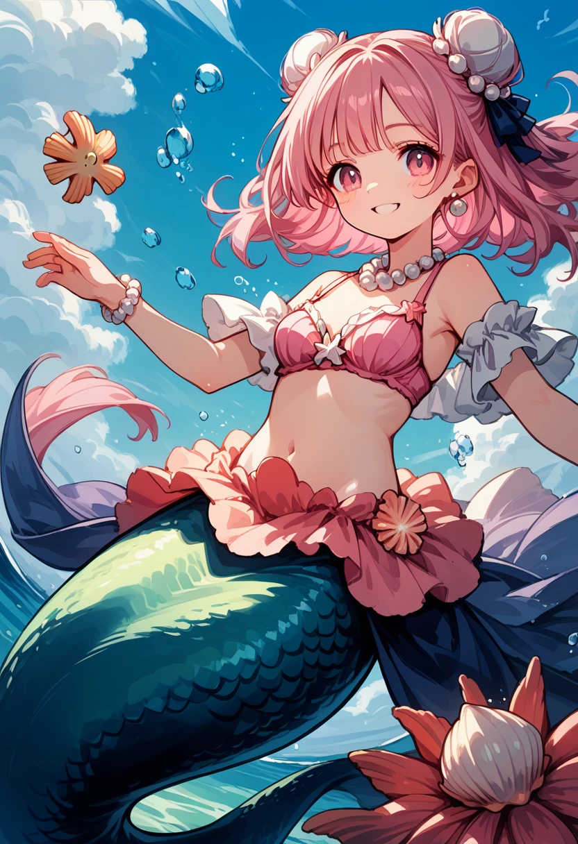 Very detailed, masterpiece, high quality, magically transformed into a mermaid、cute anthropomorphic mouse girl, Fantasy, Race change, smile, Anime Style, A long pink mermaid tail that falls below the waistline, Pink pelvic fin and pink dorsal fin,(((whole bodyピンク色))),(((Seashell bra))), pearl earrings and bracelet, Pearl Necklace,masterpiece, 最high quality, High resolution, {Detailed and beautiful eyes}, finely, Detailed and beautiful eyes,1 Girl, (alone:1.5), (((Hair Ribbon:0.4)))), Pink Eyes,Cinematic Angles,perspective,(((White bun hair))),(((Long pink hair))),whole body,Kunimi Tama,