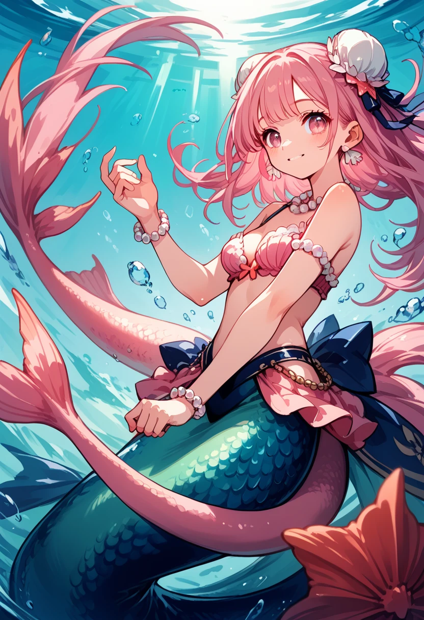 Very detailed, masterpiece, high quality, magically transformed into a mermaid、cute anthropomorphic mouse girl, Fantasy, Race change, smile, Anime Style, A long pink mermaid tail that falls below the waistline, Pink pelvic fin and pink dorsal fin,(((whole bodyピンク色))),(((Seashell bra))), pearl earrings and bracelet, Pearl Necklace,masterpiece, 最high quality, High resolution, {Detailed and beautiful eyes}, finely, Detailed and beautiful eyes,1 Girl, (alone:1.5), (((Hair Ribbon:0.4)))), Pink Eyes,Cinematic Angles,perspective,(((White bun hair))),(((Long pink hair))),whole body,Kunimi Tama,