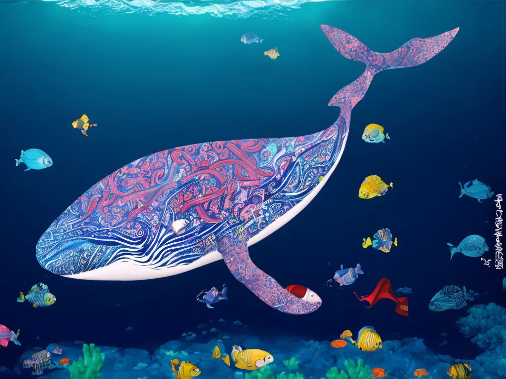 The image depicts a vivid underwater scene featuring a whale with a colorful, intricate pattern painted on its side, surrounded by various fish species.