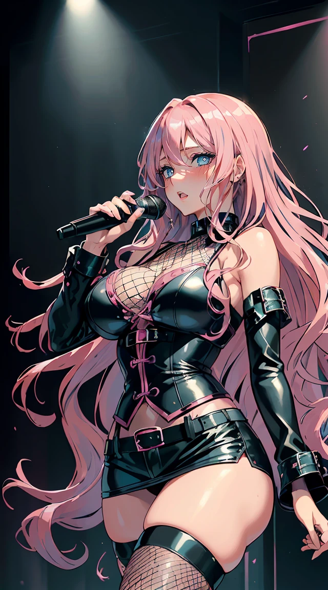 handsome WOMAN,blue-eyes,blue pupils,Long pink hair,Hyperresolution,accuracy,Detailed rendering,(Subtle facial image)(Image of fine hair)(topquality)(Masterpieces of masters)(High degree of completeness)(A sense of atmosphere)tmasterpiece,Super detailed and super detailed(half-body portrait), long wavy pink hair, (((tHICK WAVY HAIR)))(((ANKLE LENGTH HAIR)))(((Blushing)))(((Huge breasts)))(((LARGER BREASTS))) large breasts, bigger breasts (((Bigger breasts))) (((Blushing))) (((Sakimichan))) (((Pink hair))) (((black Rockstar outfit))) (((Leather black outfit))) (((Rockstar)))(((Fishnet tights)))(((cASUAL ROCK OUTFIT))) (((gRUNGE OUTFIT))) (((rOCK MAKEUP))) (((sINGING))) (((bLACK LEATHER OUTFIT))) (((bLACK EYELINER)))