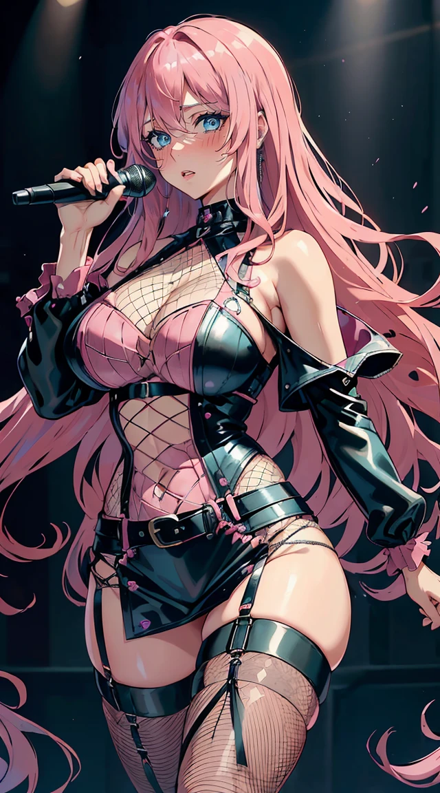 handsome WOMAN,blue-eyes,blue pupils,Long pink hair,Hyperresolution,accuracy,Detailed rendering,(Subtle facial image)(Image of fine hair)(topquality)(Masterpieces of masters)(High degree of completeness)(A sense of atmosphere)tmasterpiece,Super detailed and super detailed(half-body portrait), long wavy pink hair, (((tHICK WAVY HAIR)))(((ANKLE LENGTH HAIR)))(((Blushing)))(((Huge breasts)))(((LARGER BREASTS))) large breasts, bigger breasts (((Bigger breasts))) (((Blushing))) (((Sakimichan))) (((Pink hair))) (((black Rockstar outfit))) (((Leather black outfit))) (((Rockstar)))(((Fishnet tights)))(((cASUAL ROCK OUTFIT))) (((gRUNGE OUTFIT))) (((rOCK MAKEUP))) (((sINGING))) (((bLACK LEATHER OUTFIT))) (((bLACK EYELINER)))