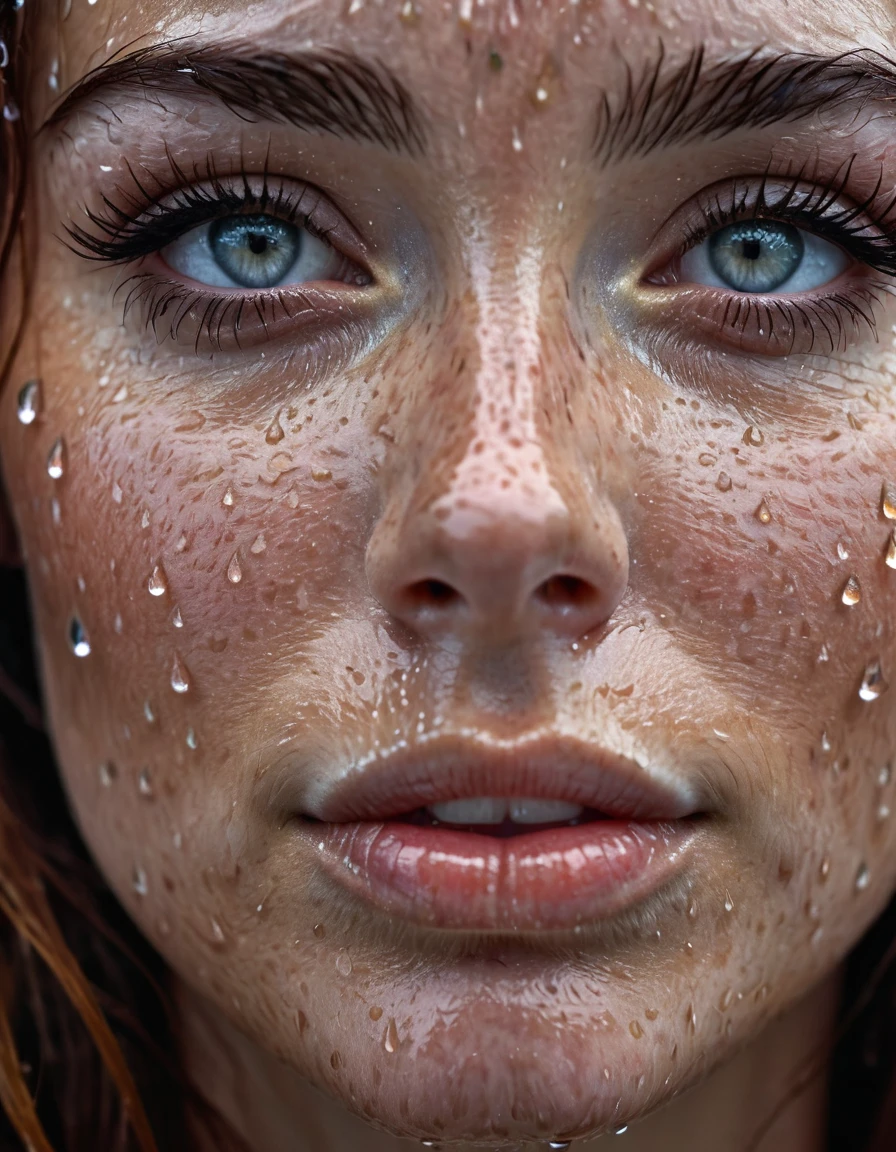 portrait photography, dutch angle shot, a stunning woman's face with freckles covered in raindrops, raindroplets on her face, under rain, rainpunk, close up, Phantom High Speed camera, urban emotions, uhd image, moody, detailed facial features, realistic_skin, natural_skin --ar 16:9 --style raw --v 5.2