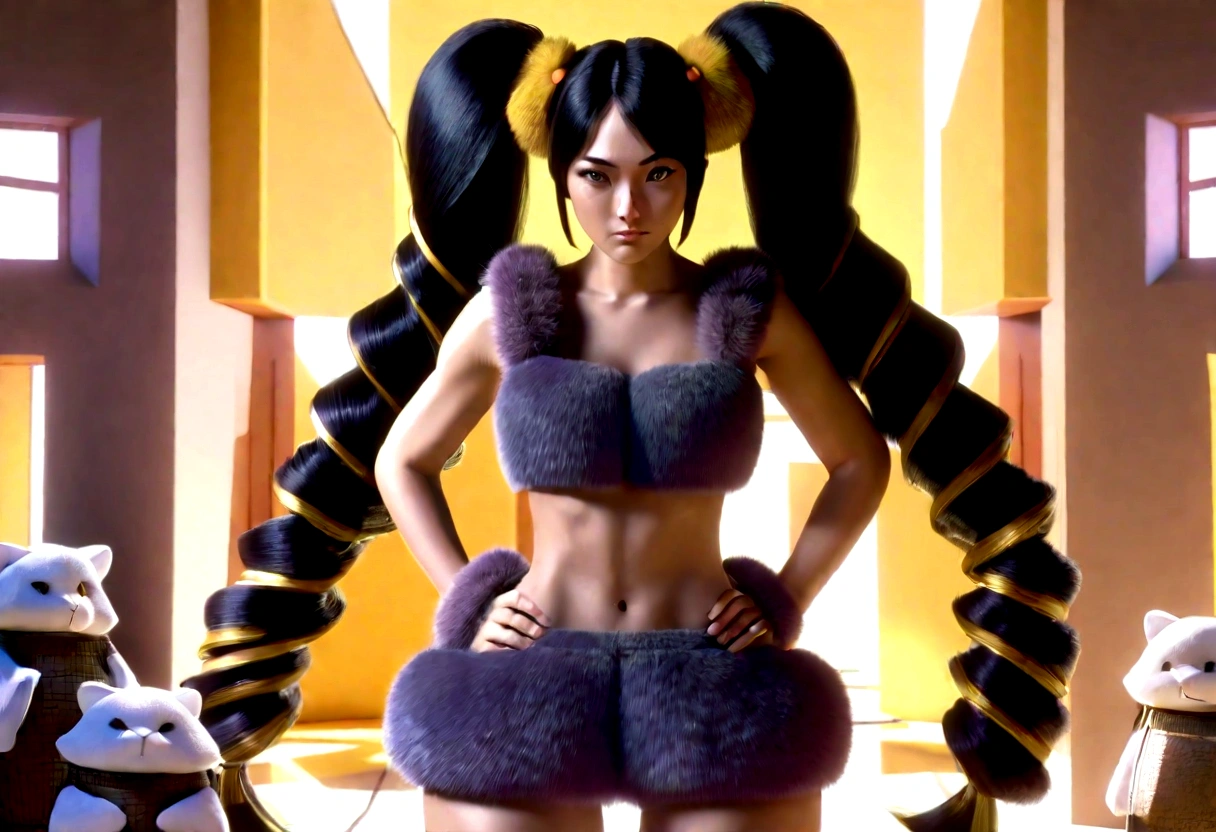 A woman with long twintails, wearing a fur two-piece outfit, posing slightly annoyed with her hands on her hips in a Bedrock house with animal appliances, extremely detailed, highly realistic, cinematic lighting, 8k, photorealistic
