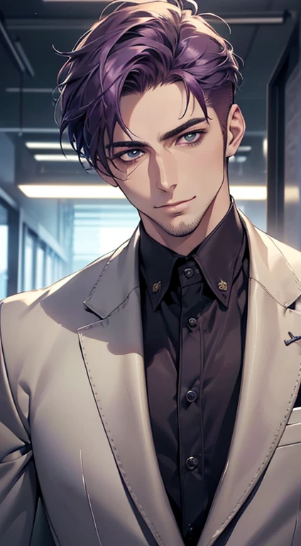 (best quality,4k,8k,highres,masterpiece:1.2),ultra-detailed,(realistic,photorealistic,photo-realistic:1.37),1 man,31 years old,mature man,very handsome,without expression,smile,short purple hair,blue eyes,penetrating gaze,perfect face without errors,imposing posture,businessman,office background,cinematic lighting,hdr image