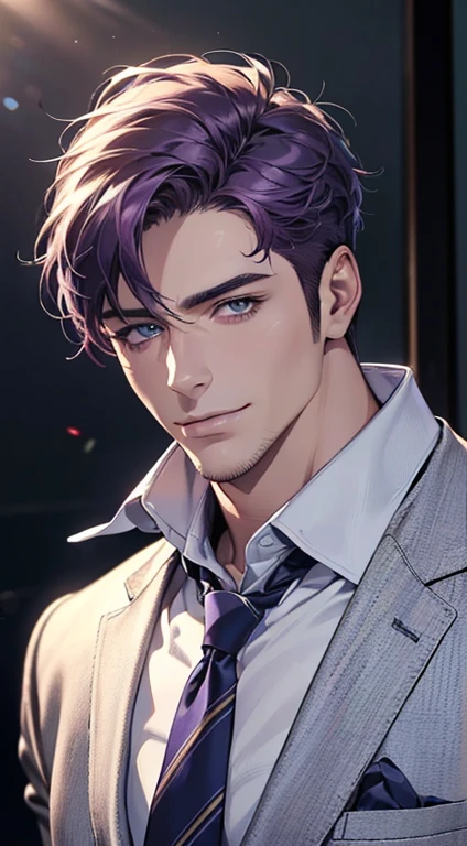 (best quality,4k,8k,highres,masterpiece:1.2),ultra-detailed,(realistic,photorealistic,photo-realistic:1.37),1 man,31 years old,mature man,very handsome,without expression,smile,short purple hair,blue eyes,penetrating gaze,perfect face without errors,imposing posture,businessman,office background,cinematic lighting,hdr image