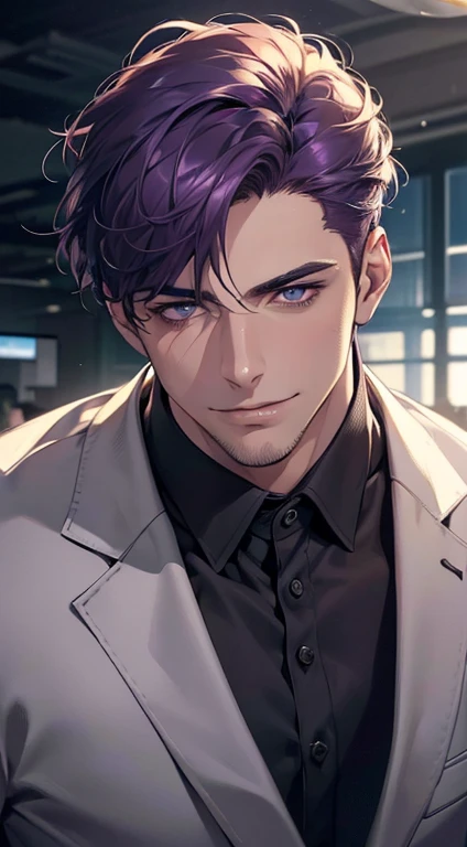 (best quality,4k,8k,highres,masterpiece:1.2),ultra-detailed,(realistic,photorealistic,photo-realistic:1.37),1 man,31 years old,mature man,very handsome,without expression,smile,short purple hair,blue eyes,penetrating gaze,perfect face without errors,imposing posture,businessman,office background,cinematic lighting,hdr image