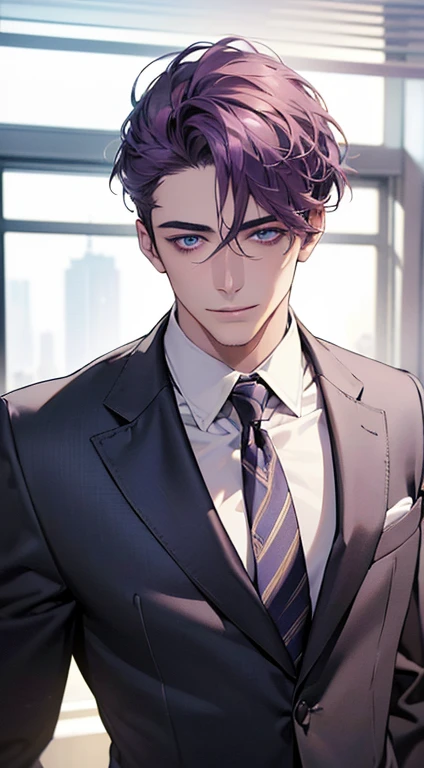 (best quality,4k,8k,highres,masterpiece:1.2),ultra-detailed,(realistic,photorealistic,photo-realistic:1.37),1 man,31 years old,mature man,very handsome,without expression,smile,short purple hair,blue eyes,penetrating gaze,perfect face without errors,imposing posture,businessman,office background,cinematic lighting,hdr image