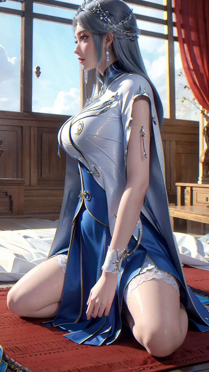 best quality,masterpiece,The Ultimate Solution,Fluffy,Extremely colorful,Mature beautiful woman,(Dress school uniform),Lace skirt,(Beautiful woman beheaded),Normal posture,(Kneeling),Kneeling on the bed,shackles,Beheading,collar,White stockings ,barefoot,Normal posture,Wet all over,Water Magic,Wet