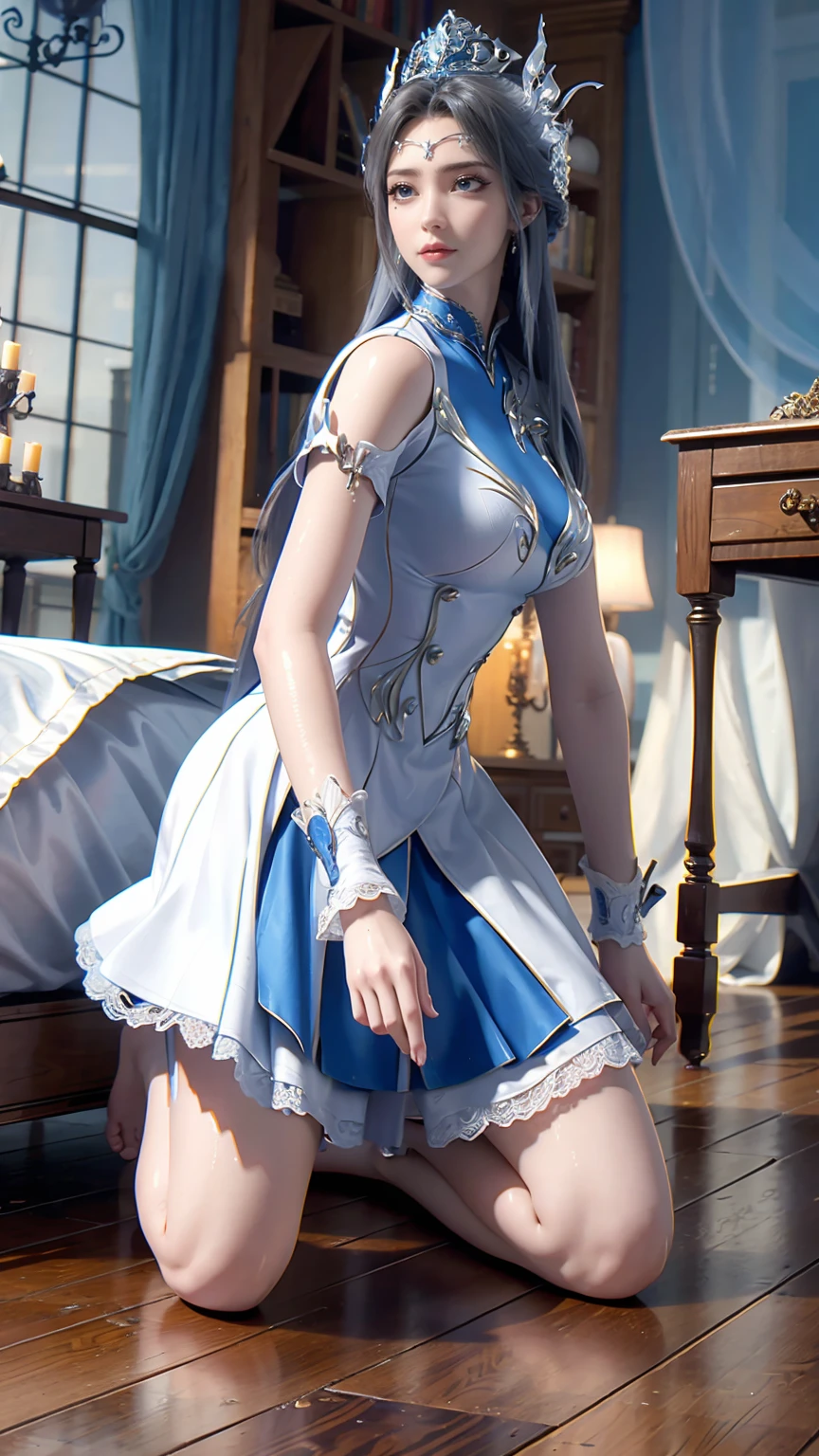 best quality,masterpiece,The Ultimate Solution,Fluffy,Extremely colorful,Mature beautiful woman,(Dress school uniform),Lace skirt,(Beautiful woman beheaded),Normal posture,(Kneeling),Kneeling on the bed,shackles,Beheading,collar,White stockings ,barefoot,Normal posture,Wet all over,Water Magic,Wet