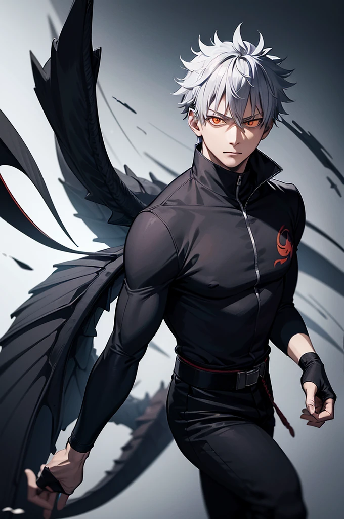 one japanese man, silver hair, orange eyes, high res, masterpiece, ultrasharp, jujustu kaisan style, jujutsu kaisen background, with a dragon