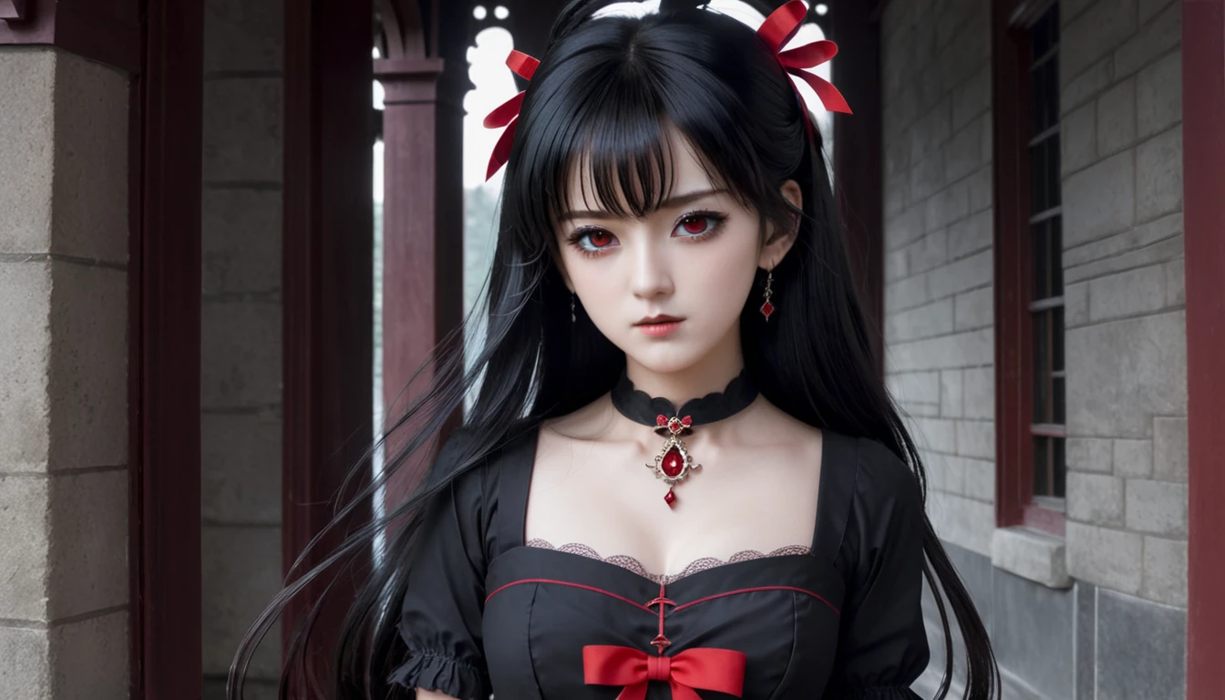 expressionless,,(dark fantasy),((nice illustration)),(detail splash), long black hair, red eyes, girl, pure black dress, Kalaman, Sleeves and skirt are dark red, Pinned next to the ear is a red bow hairpin., masterpiece, best quality, high quality, pitching,, red and black crystal necklace, black knee socks