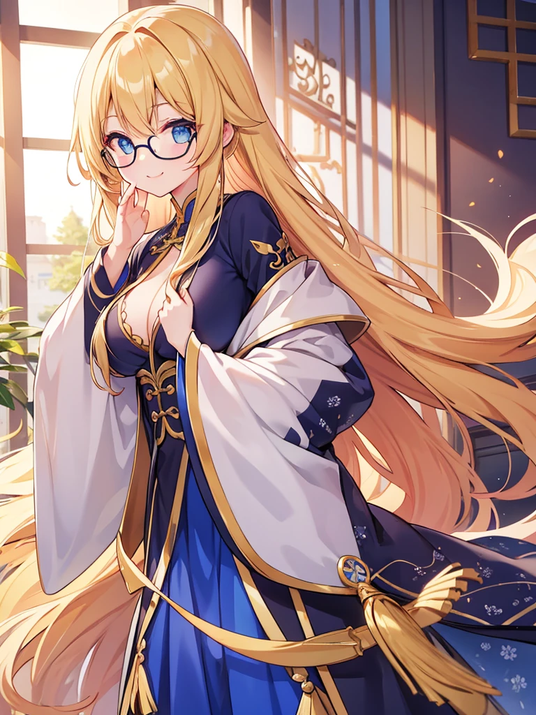 1 female、金色Long hair造型优雅、blue eyes、Be confident，Full of aura，best quality、Very detailed、8 resolution、RAW photos、masterpiece、Perfect body、high resolution、best quality、Detailed drawings、Vibrant colors、Long hair、Gold rimmed glasses、Attractive breasts、suit、Smile