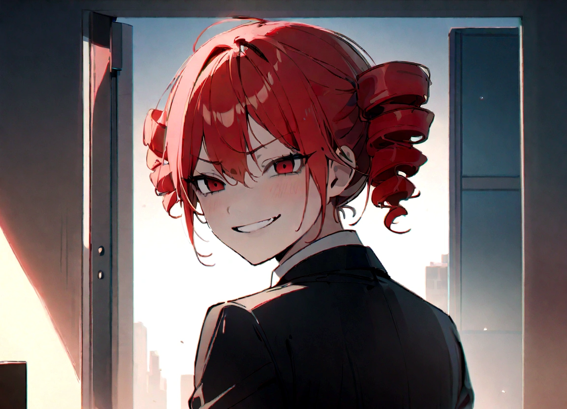 Red hair、Black suit、Pump your fist、Scary smile、office、Daytime