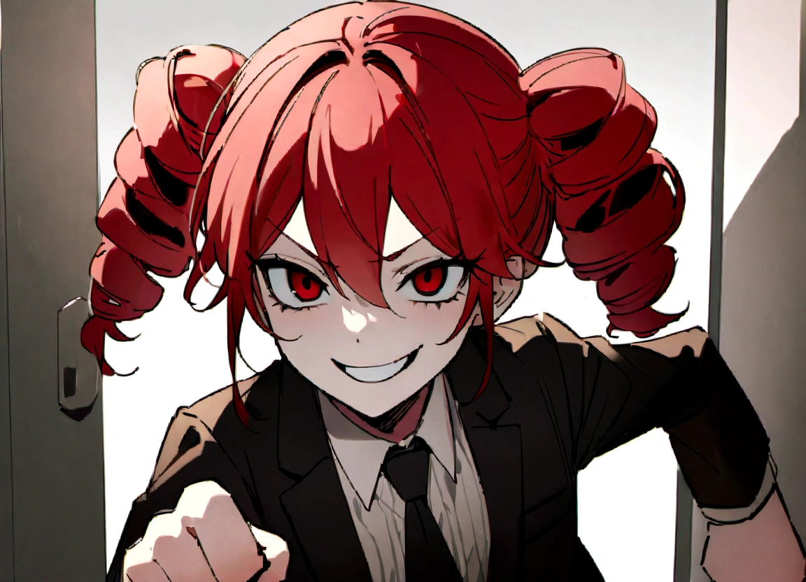 Red hair、Black suit、Pump your fist、Scary smile、office、Daytime