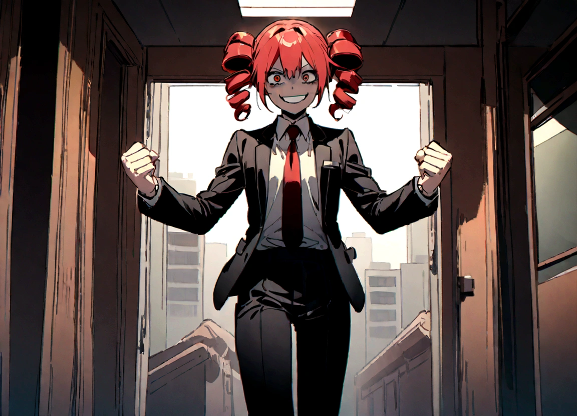 Red hair、Black suit、Pump your fist、Scary smile、office、Daytime