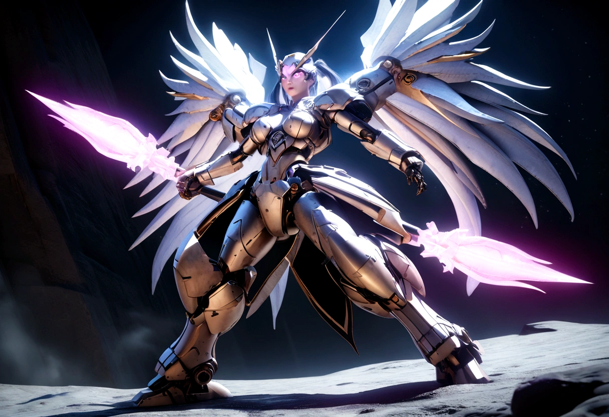 a giant mecha, female form, heavy battered armor, carrying a melee weapon, twintails, white with a random off color trim, powered by hope and love, posing on the moon, cinematic lighting, dramatic angles, highly detailed, 8k, hyper realistic, volumetric fog, glowing energy effects, stunning, awe-inspiring, intricate mechanical design, seamless integration of organic and mechanical elements, gleaming metallic surfaces, dynamic pose, moonlit background, sense of scale and grandeur, digital art, 3d render, unreal engine, cinematic composition, award winning cg artwork
