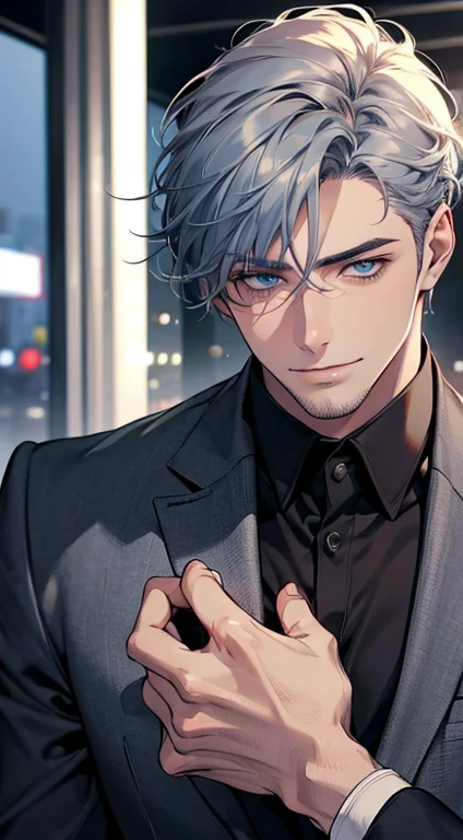 (best quality,4k,8k,highres,masterpiece:1.2),ultra-detailed,(realistic,photorealistic,photo-realistic:1.37),1 man,31 years old,mature man,very handsome,without expression,smile,short grey blue hair,blue eyes,penetrating gaze,perfect face without errors,imposing posture,businessman,office background,cinematic lighting,hdr image