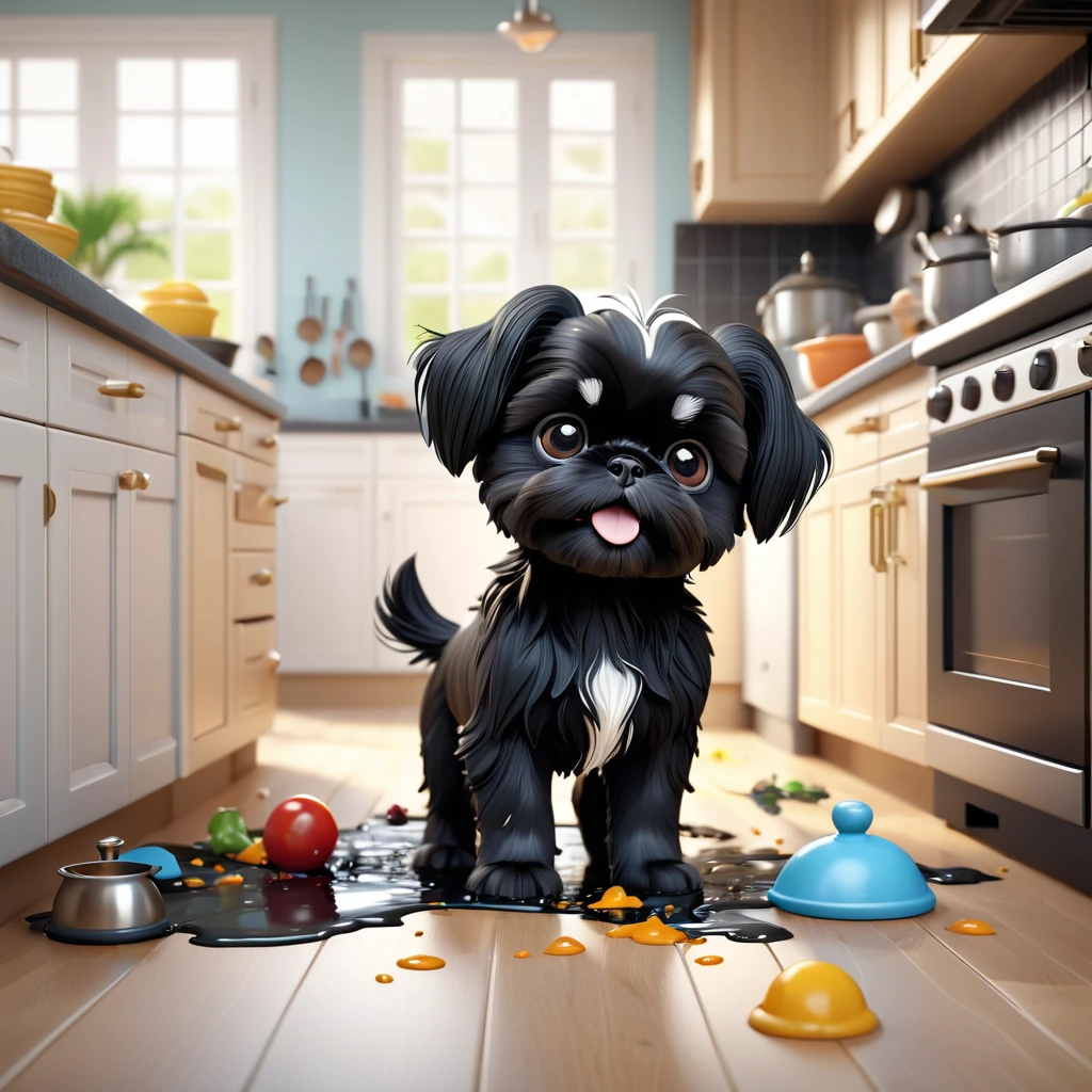 Adorable small black Shih Tzu puppy playing, making a mess in Disney kitchen 3d cartoon, 3d render, disney pixar style