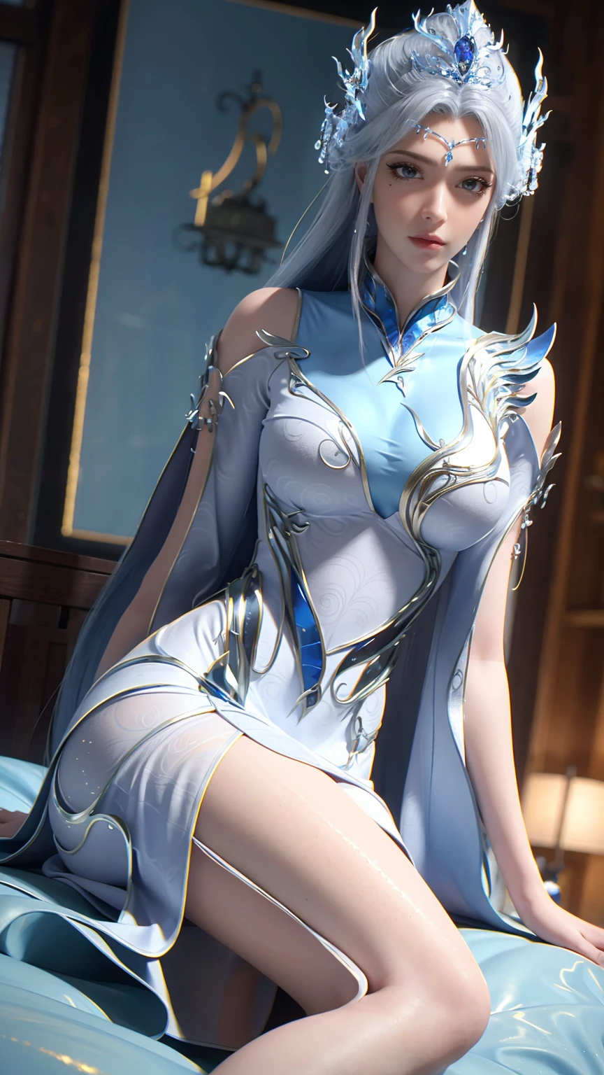 a beautiful young woman with long hair, wearing a nightgown, sitting on a bed, barefoot, in a dress, lying on her side, cross-legged, full body shot, (best quality,4K,8K,highres,masterpiece:1.2),ultra-detailed,(realistic,photorealistic,photo-realistic:1.37),beautiful detailed eyes,beautiful detailed lips,extremely detailed eyes and face,longeyelashes,natural lighting,warm tones,soft focus,portraits,clair obscur,depth of field，Wet all over，Water Magic，Wet