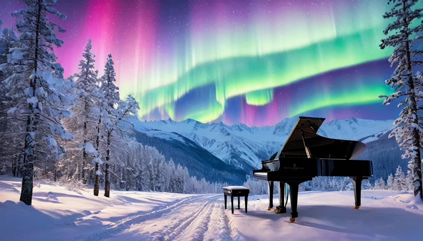 A mysterious and enchanting scene with a single piano under a sky full of aurora borealis. A beautiful woman is standing in front of the piano. The surroundings are completely covered in snow and silence. The piano is lit up and looks even more divine.