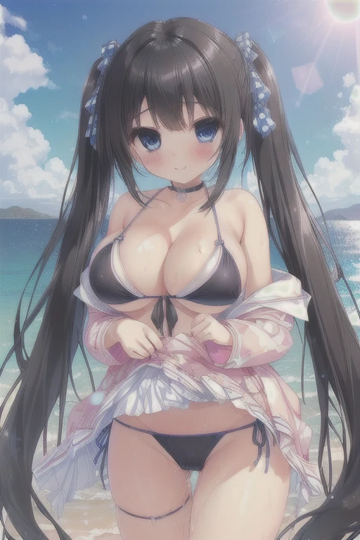 (masterpiece, Highest quality, Highest quality, Official Art, beautifully、aesthetic:1.2), (One girl,cute:1.5), Very detailed, colorful, Most detailed ((Super detailed)), (Highly detailed CG illustrations), ((Very delicate and beautiful)),(8K Photo Quality,究極のShine肌,Detailed skin,Ultimate detailed face),(Outdoor, Ocean, Black Hair, Super long twin tails, Are standing, blue eyes, Tight waist, Large Breasts, Ribbon choker, Particles of light, Lens flare, Depth of written boundary, Shine, Bokeh, 斑点模様のDay光, Day, Front tie bikini top, Place your hands on your thighs, Checkered swimsuit, Side tie bikini bottom:1.4), Pussy juice stain, Traces of pussy juice, smile (Focus Only, View your viewers:1.5),