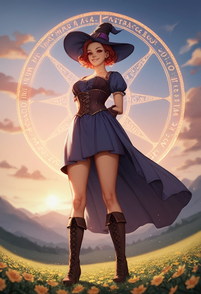 score_9, score_8_up, score_7_up, score_6_up, score_5_up, score_4_up , (masterpiece, best quality, very aesthetic, ultra detailed), intricate details, 1girl,,p ortrait image, Low angle view. Looking over shoulder, Mage, Magic circle., Flowing cloak, tunic, gloves, skirt, corset, boots,Highly detailed face, short hair, highly detailed red eyes, Open field of flowers, Blurred background. Sunset, Natural light enhancing contours of her body., Sunrise, Sky is gradient blue and purple, Smile, Clouds. Witch hat, Hand behind back.