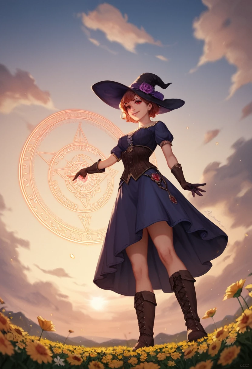 score_9, score_8_up, score_7_up, score_6_up, score_5_up, score_4_up , (masterpiece, best quality, very aesthetic, ultra detailed), intricate details, 1girl,,p ortrait image, Low angle view. Looking over shoulder, Mage, Magic circle., Flowing cloak, tunic, gloves, skirt, corset, boots,Highly detailed face, short hair, highly detailed red eyes, Open field of flowers, Blurred background. Sunset, Natural light enhancing contours of her body., Sunrise, Sky is gradient blue and purple, Smile, Clouds. Witch hat, Hand behind back.