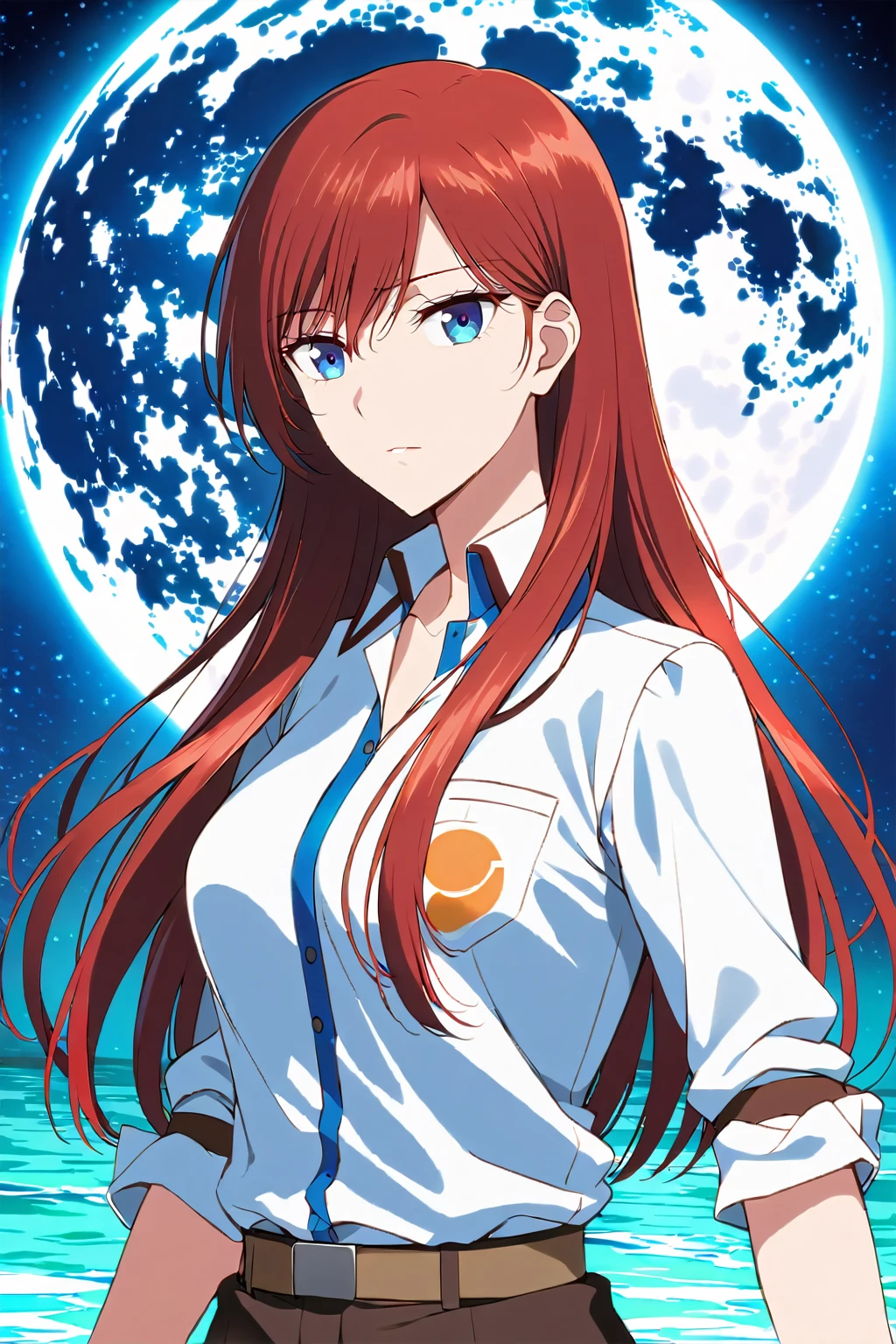 (Ultra-detailed illustrations:1.2),Standing in front of the beautiful moon、Anime girl with long red hair and white shirt, kurisu makise steins gate anime, kurisu makise, Female Anime Characters, Female Action Anime Girl, Misato Katsuragi, Portrait of a female anime hero, Inspired by Ryusei Kishida, makise kurisu