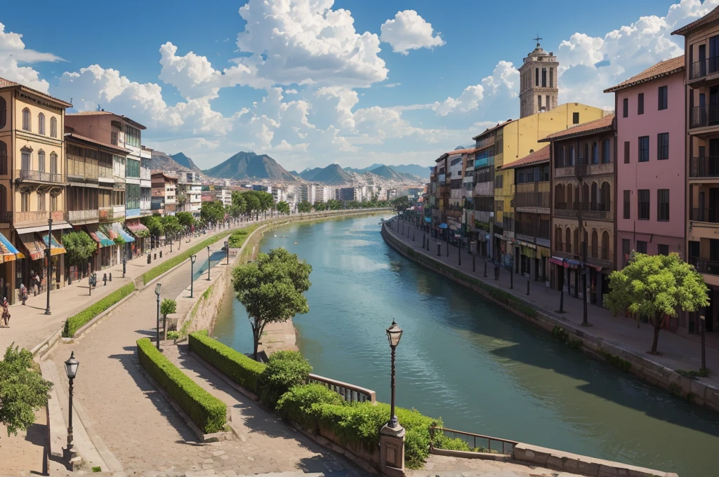 The city is crossed by a wide and winding river, the Rio Sombra, which divides the city into two parts: the historic side, with its colonial buildings and cobblestone streets, and the modern side, with skyscrapers, shopping centers and neighborhoods. contemporary residential. (up view, digital art, RPG art)