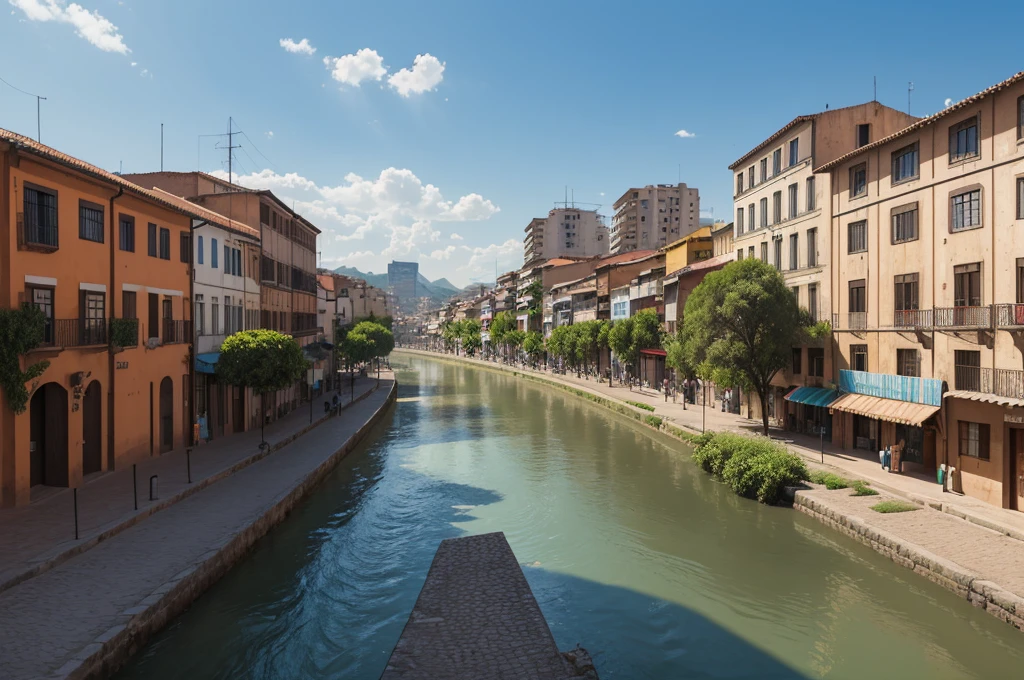 The city is crossed by a wide and winding river, the Rio Sombra, which divides the city into two parts: the historic side, with its colonial buildings and cobblestone streets, and the modern side, with skyscrapers, shopping centers and neighborhoods. contemporary residential. (up view, digital art, RPG art)