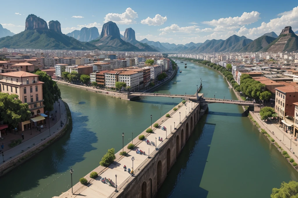 The city is crossed by a wide and winding river, the Rio Sombra, which divides the city into two parts: the historic side, with its colonial buildings and cobblestone streets, and the modern side, with skyscrapers, shopping centers and neighborhoods. contemporary residential. (up view, digital art, RPG art)