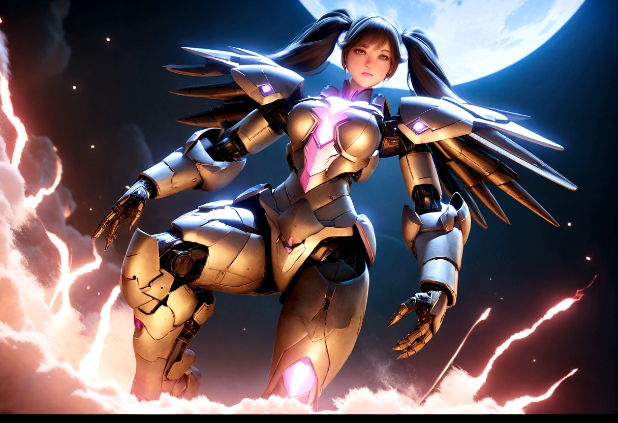 a giant mecha, female form, heavy battered armor, carrying a melee weapon, twintails, white with a random off color trim, powered by hope and love, posing on the moon, cinematic lighting, dramatic angles, highly detailed, 8k, hyper realistic, volumetric fog, glowing energy effects, stunning, awe-inspiring, intricate mechanical design, seamless integration of organic and mechanical elements, gleaming metallic surfaces, dynamic pose, moonlit background, sense of scale and grandeur, digital art, 3d render, unreal engine, cinematic composition, award winning cg artwork
